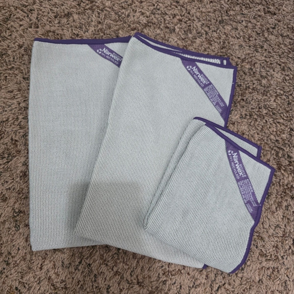 Norwex 3pc Set Ribbed Kitchen Towel 2 Mini EnviroCloths Amethyst Purple Trim NEW